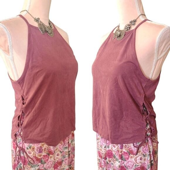 AEO Mauve Suede High Neck Lace Up Sides Crop Tank Top Large - Picture 6 of 16
